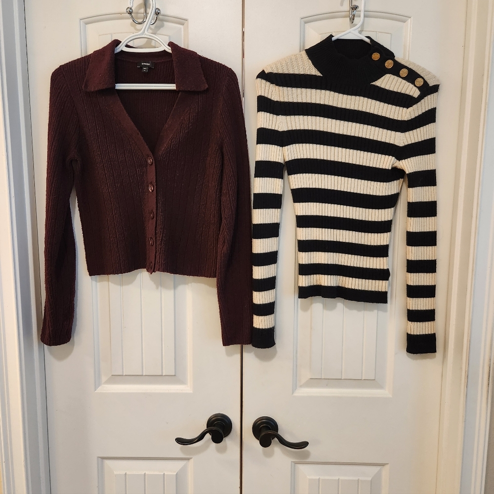 Express Bundle:Deep Purple & Striped Cropped Sweaters with Long Sleeves, X-Small